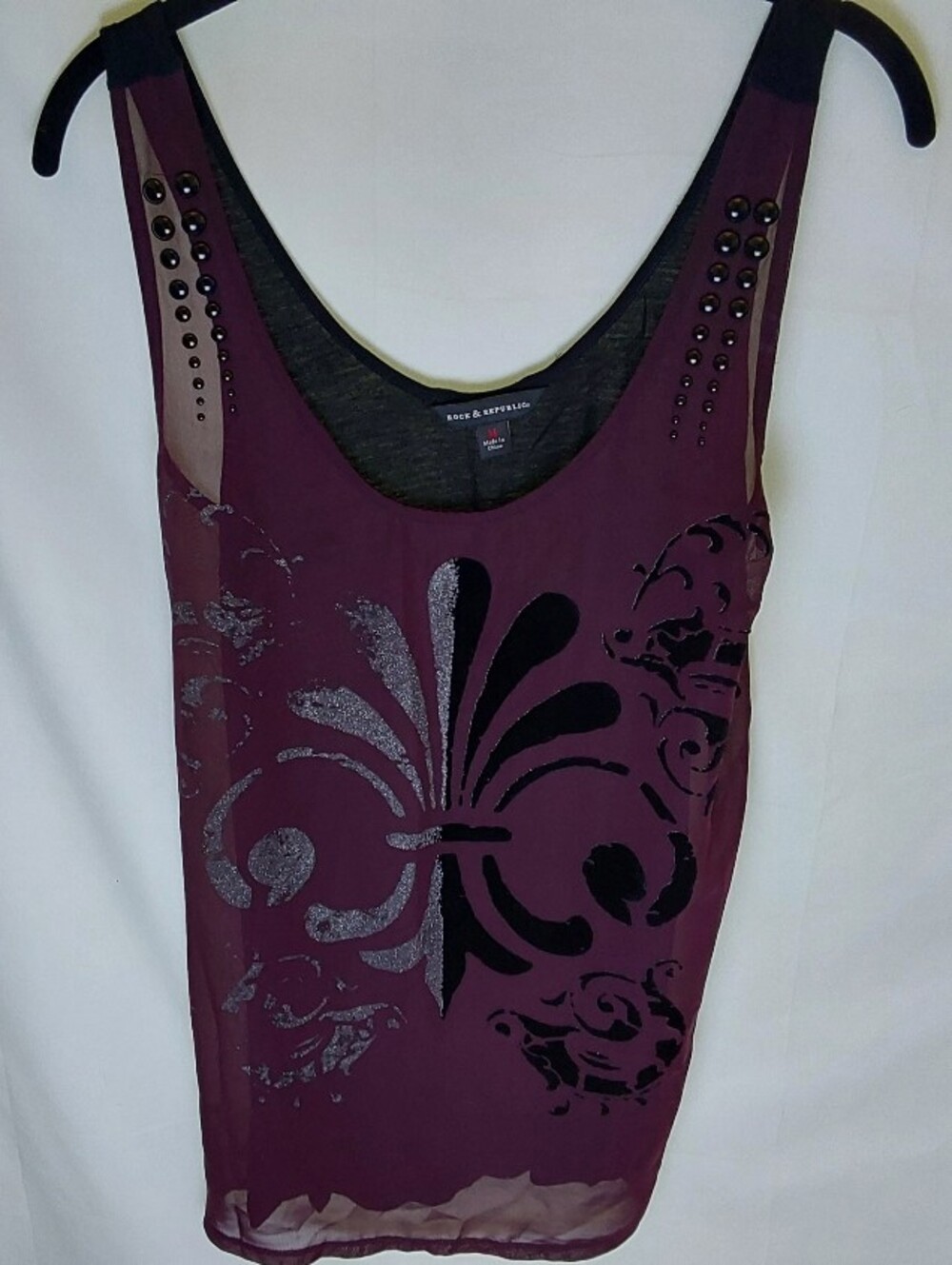 Rock & Republic Plum Sheer Velvet-Print Tank with Studded Straps - Picture 4 of 6